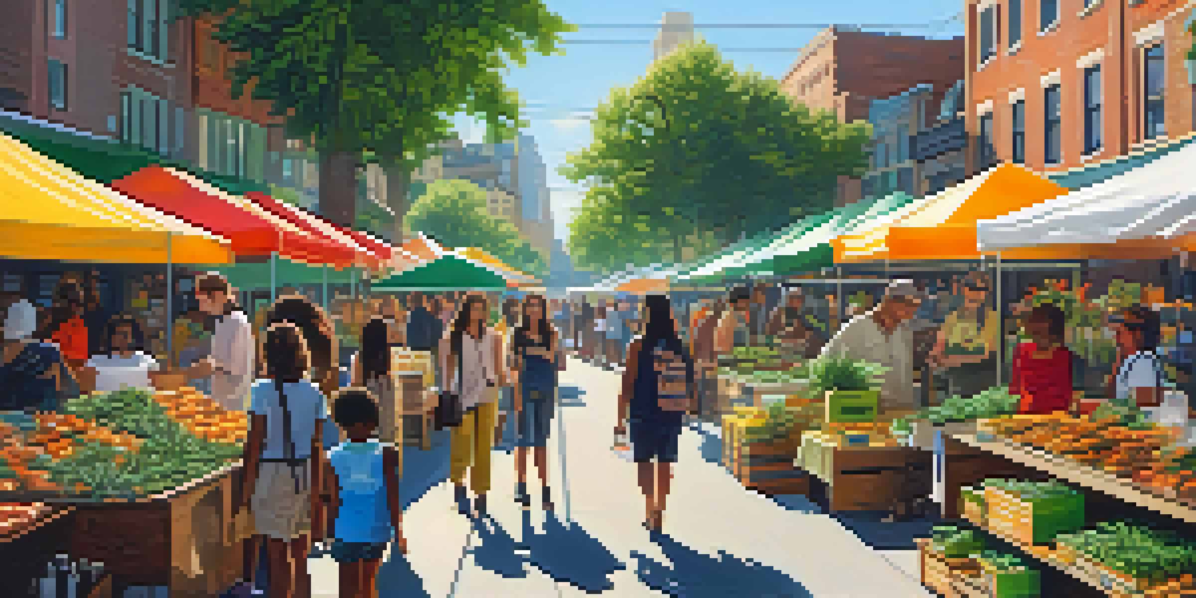 A bustling street market filled with diverse people interacting with cannabis products and colorful stalls under bright sunlight.