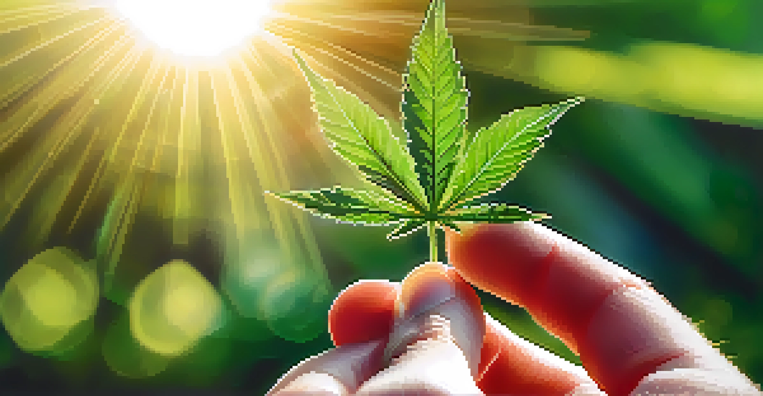 A close-up of a hand holding a green cannabis leaf with a sunny garden background, highlighting its vibrant color.