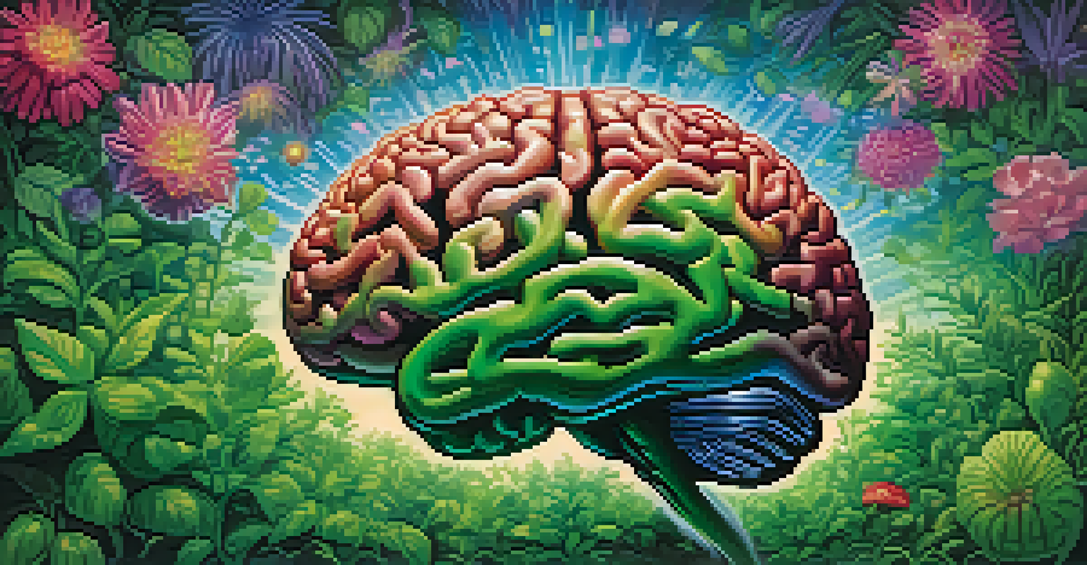 A vibrant brain surrounded by blooming flowers representing neurogenesis, with bright colors and uplifting lighting.