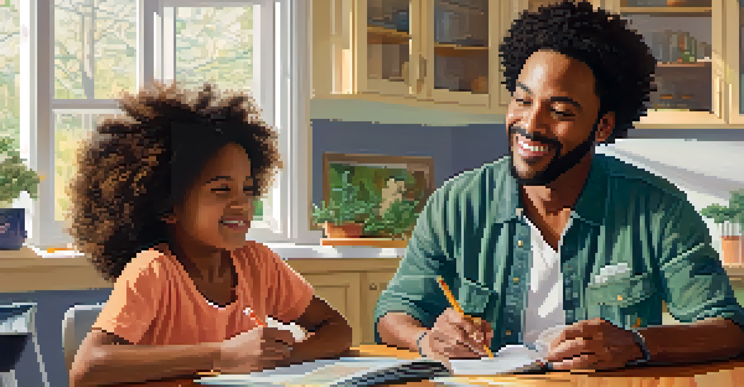 A parent and child discussing substance use at a kitchen table, surrounded by educational materials and a warm atmosphere.