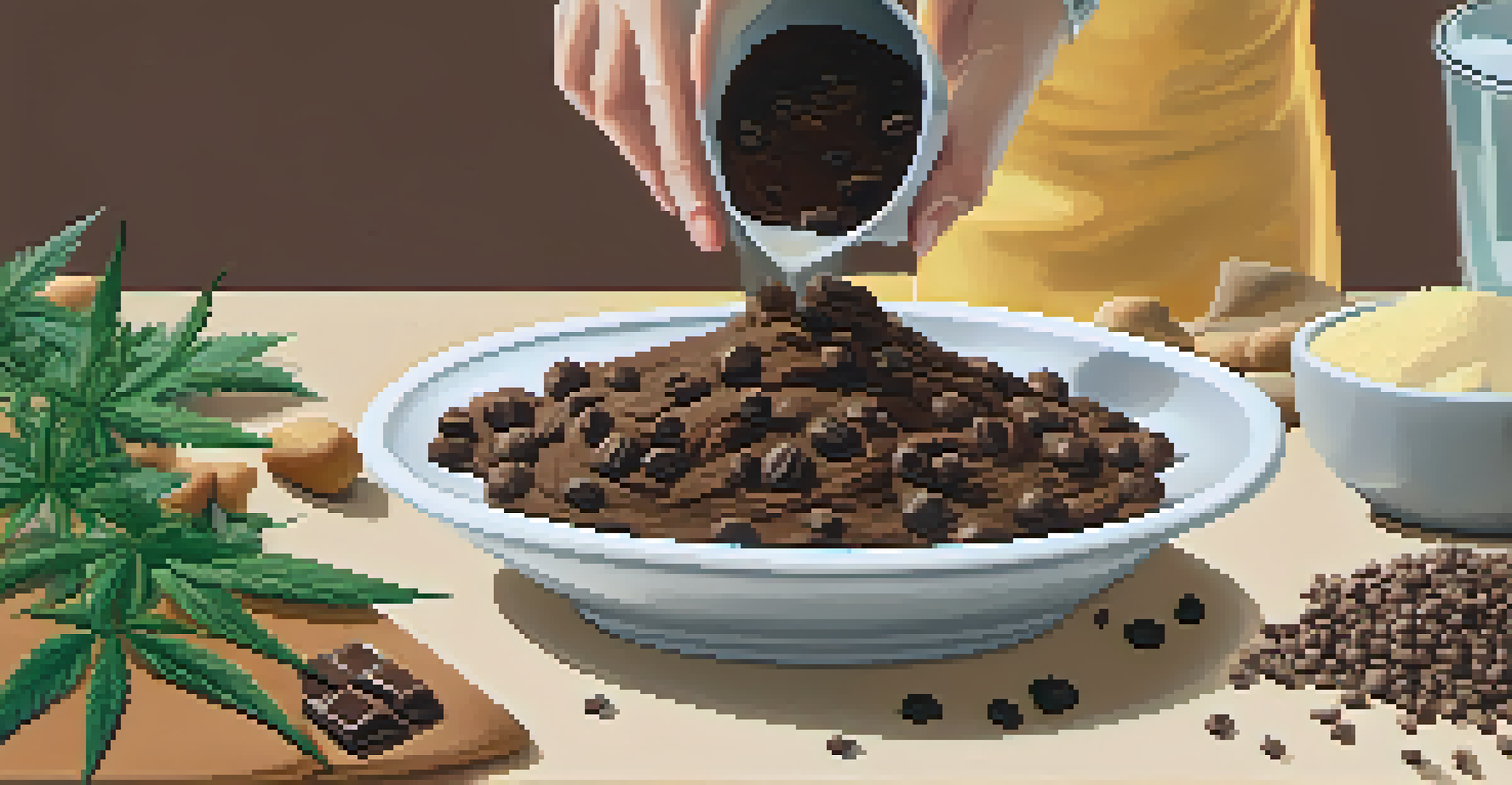 A close-up of hands mixing cookie dough with flour and chocolate chips, with cannabis leaves in the background.