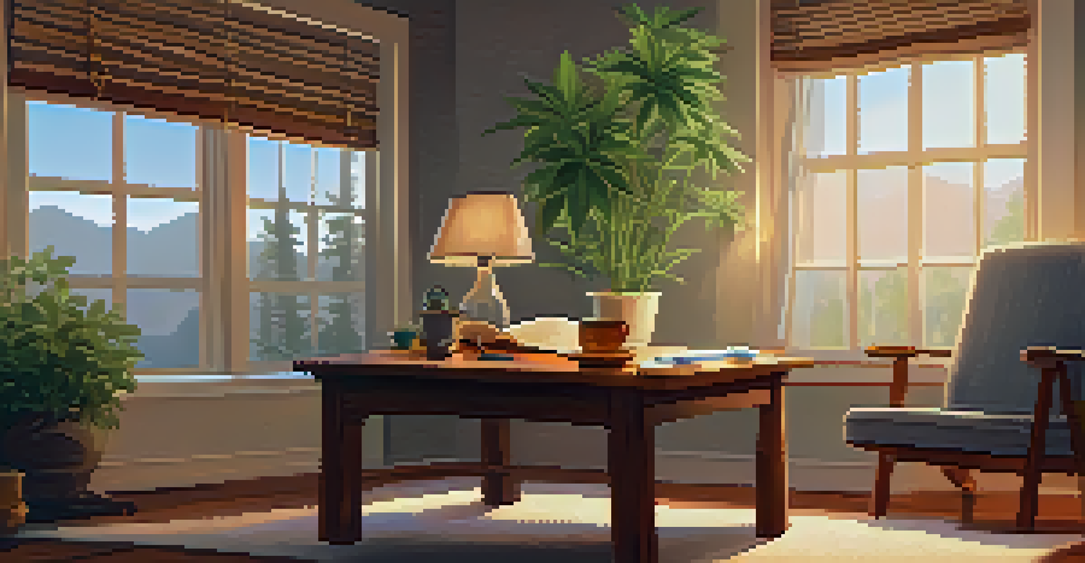 A cozy indoor scene with a cup of tea, a journal, and a small cannabis plant on a table next to a comfortable chair.