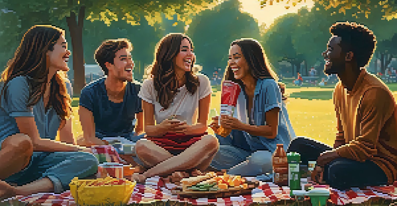 A group of friends enjoying time together in a park at sunset, with picnic blankets and snacks around them.