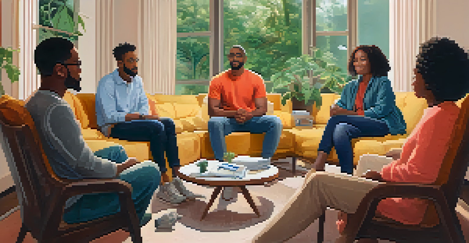 A diverse group of people in a cozy room discussing mental health, surrounded by plants and soft lighting.