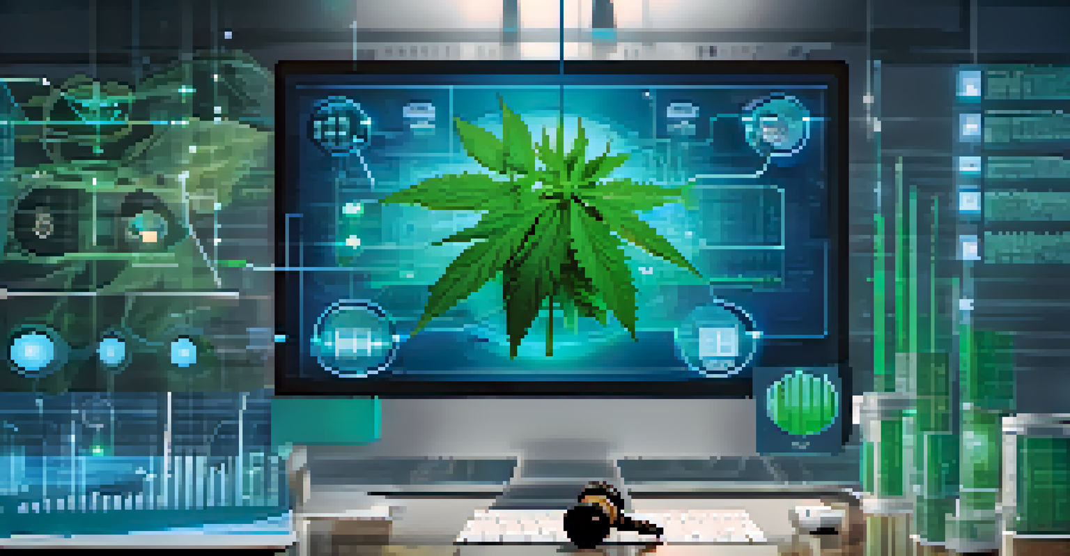 A digital illustration of AI technology interfacing with cannabis compliance, featuring graphs and cannabis leaves.