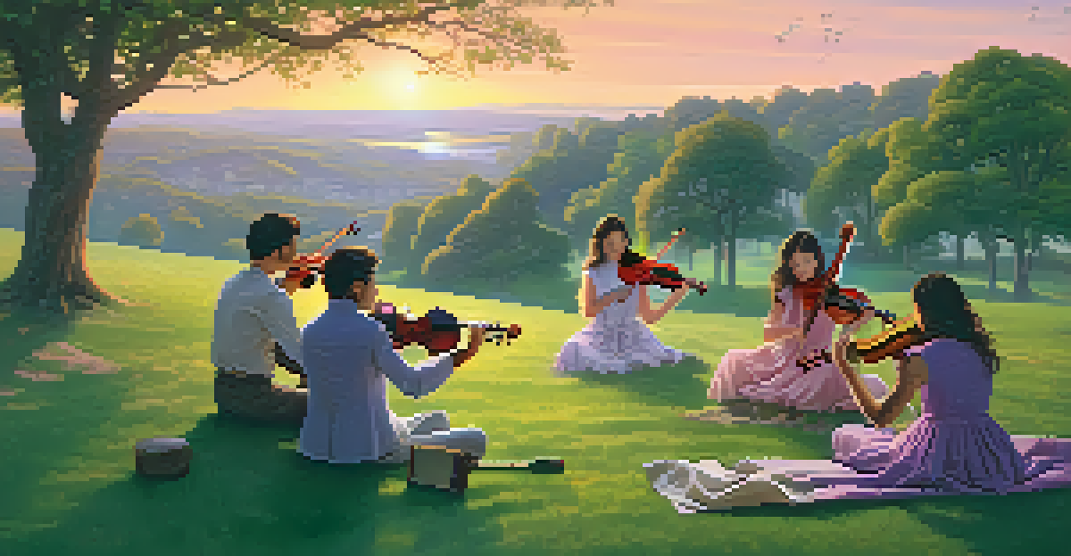 Musicians playing instruments in a park at sunset, surrounded by vibrant colors in the sky.