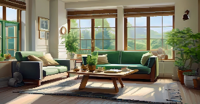 A bright and peaceful living room with a sofa, coffee table, and a view of a garden outside.