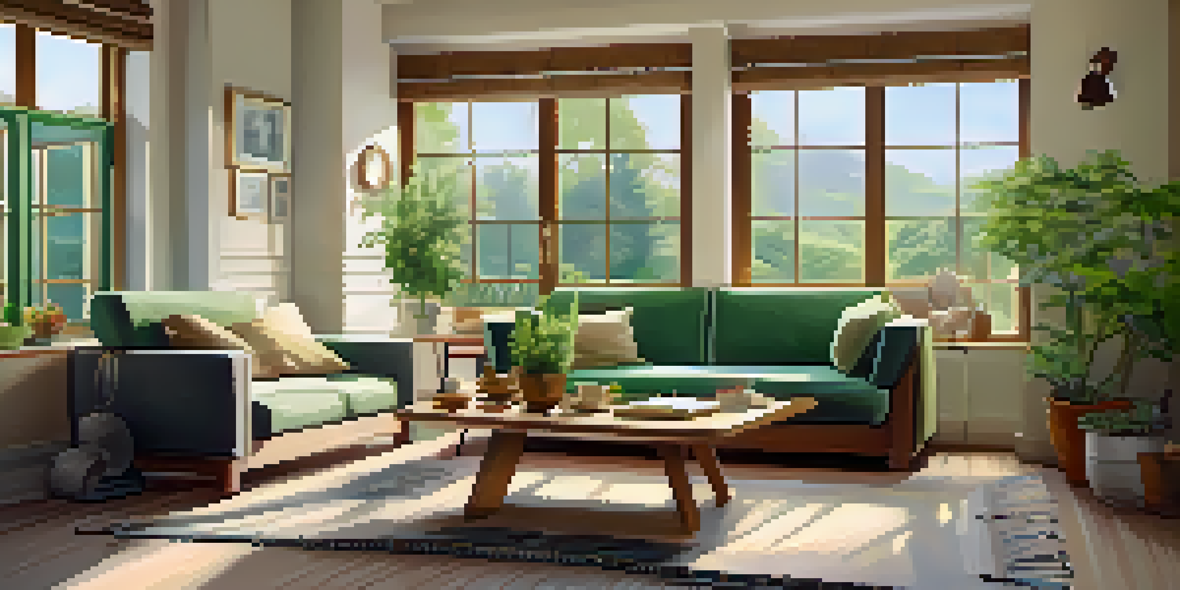 A bright and peaceful living room with a sofa, coffee table, and a view of a garden outside.