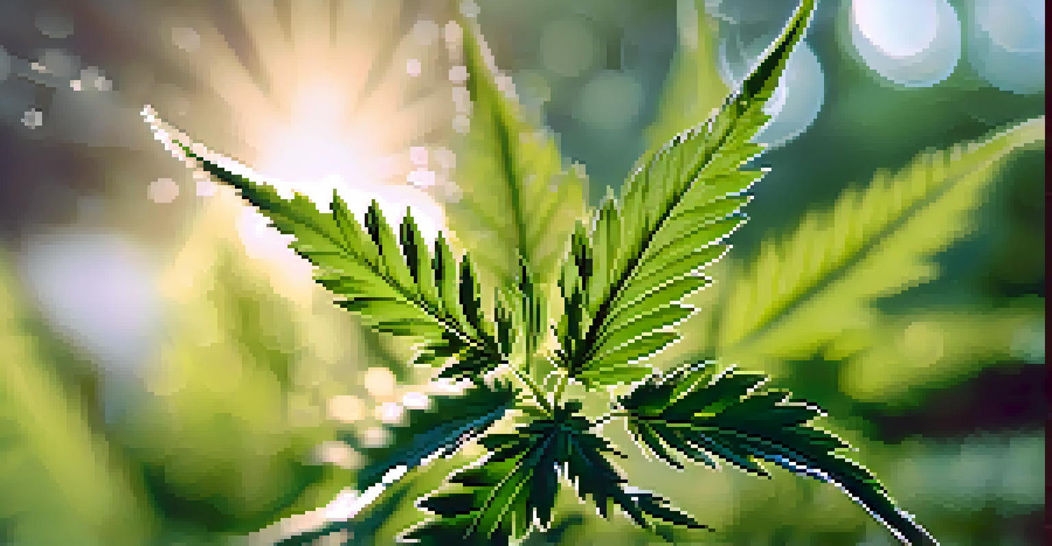 A close-up of a healthy cannabis plant with green leaves illuminated by sunlight in a garden.