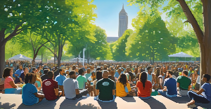 A diverse group of people in an urban park discussing marijuana legislation, with colorful banners advocating for equity.