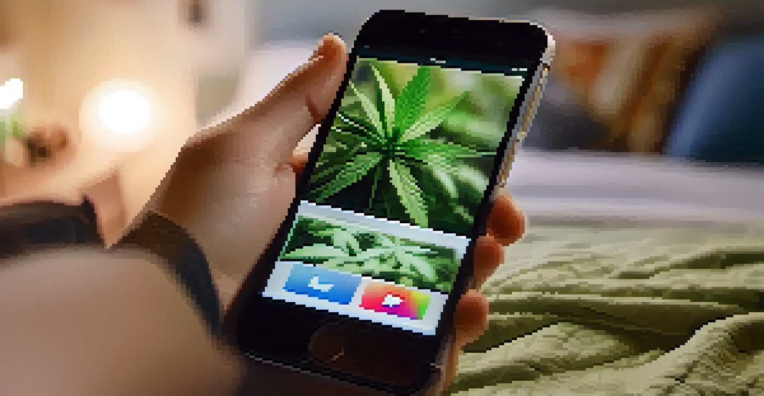 Close-up of a teenager's hand holding a smartphone showing social media posts about marijuana use in a cozy bedroom.