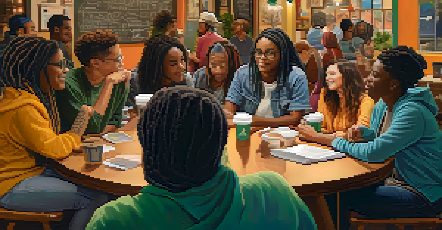 A diverse group of people discussing cannabis legalization in a cozy coffee shop, surrounded by warm lighting and colorful decor.