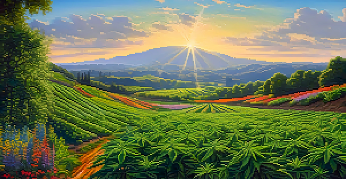 A vibrant marijuana cultivation field with healthy plants, native wildflowers, and a stream under a clear blue sky.