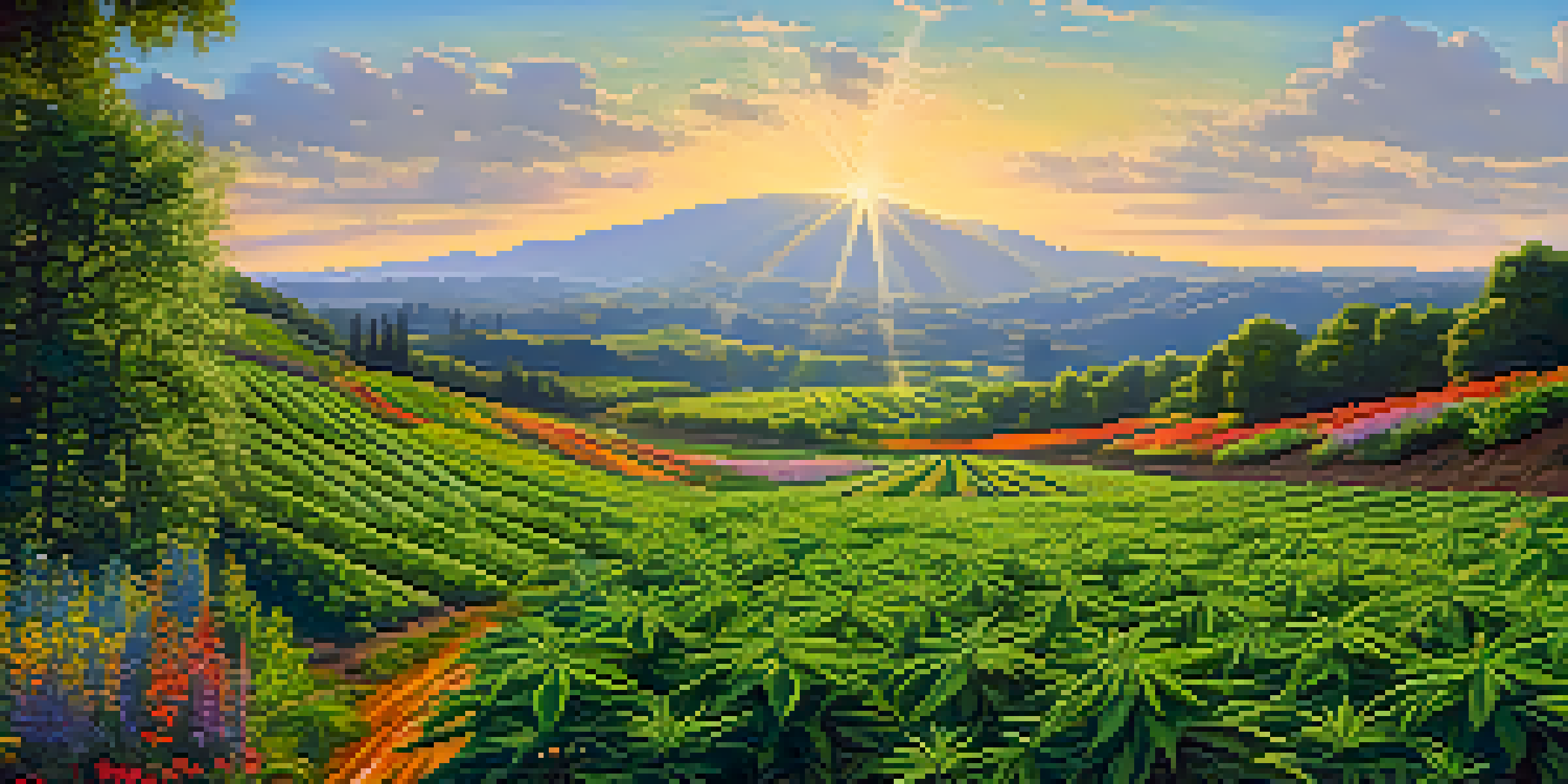 A vibrant marijuana cultivation field with healthy plants, native wildflowers, and a stream under a clear blue sky.