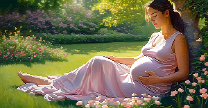 A pregnant woman in a garden, holding her belly amidst blooming flowers, with soft sunlight filtering through the leaves.