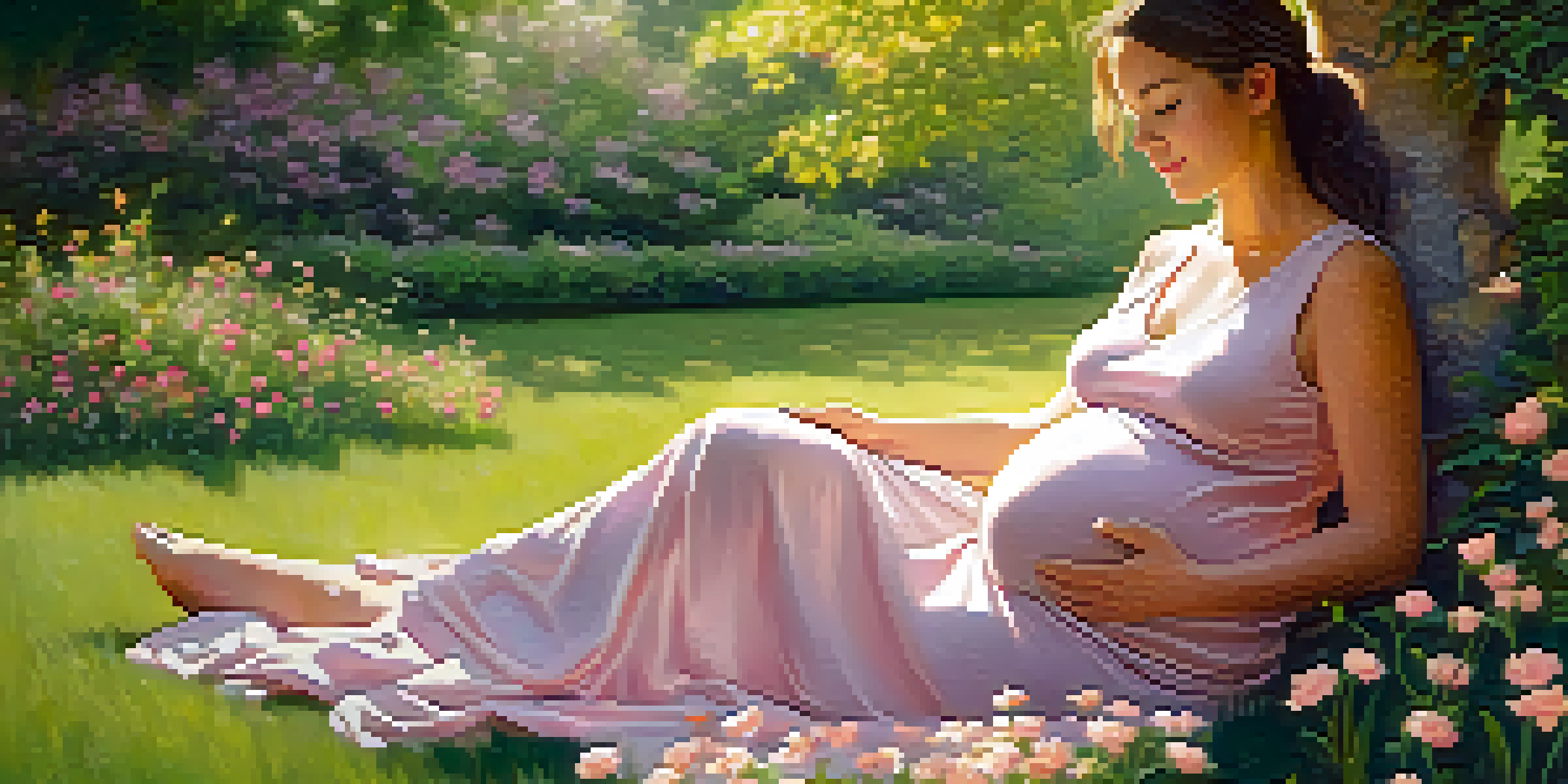 A pregnant woman in a garden, holding her belly amidst blooming flowers, with soft sunlight filtering through the leaves.