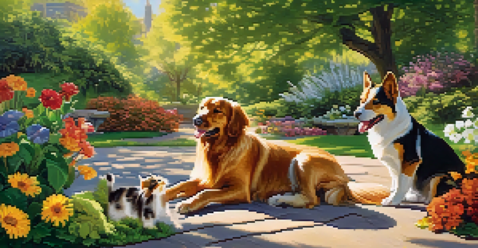A peaceful park scene with dogs and cats playing in the sun, surrounded by green trees and colorful flowers.