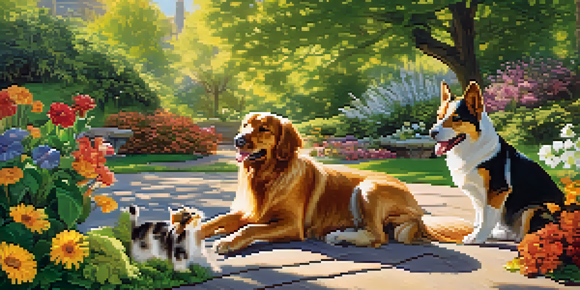 A peaceful park scene with dogs and cats playing in the sun, surrounded by green trees and colorful flowers.