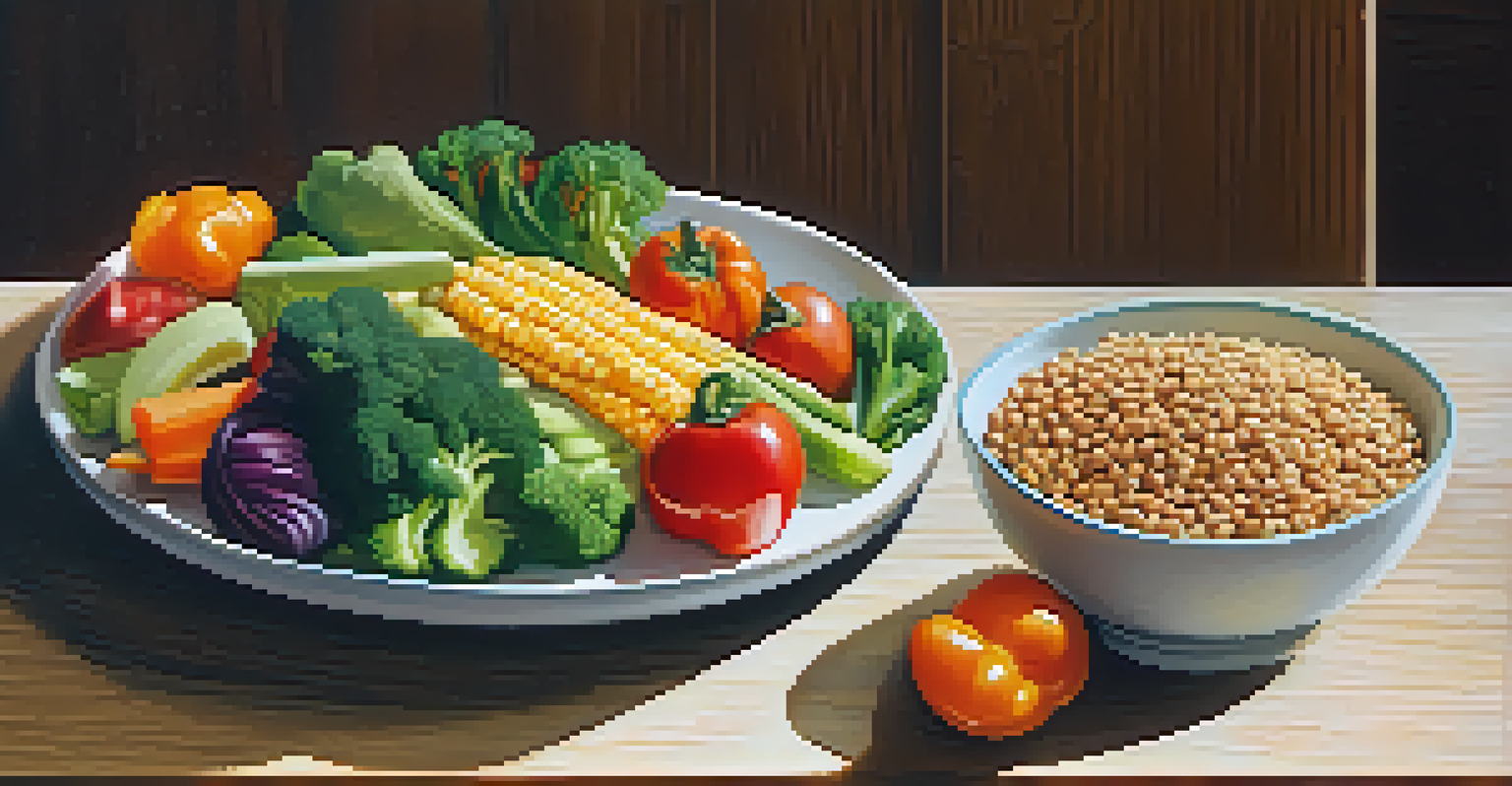 A colorful plate of healthy food including vegetables, whole grains, and proteins on a wooden table with natural light.
