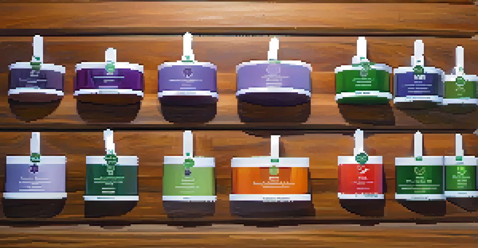 A wooden table displaying various strains of medical marijuana, each with distinct colors and textures, illuminated by natural light.