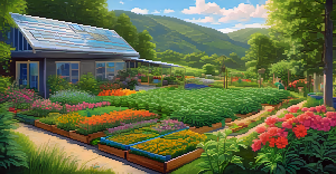 A marijuana farm exhibiting permaculture design, featuring various plants, a rain garden, and bright sunlight, creating a vibrant and healthy agricultural landscape.