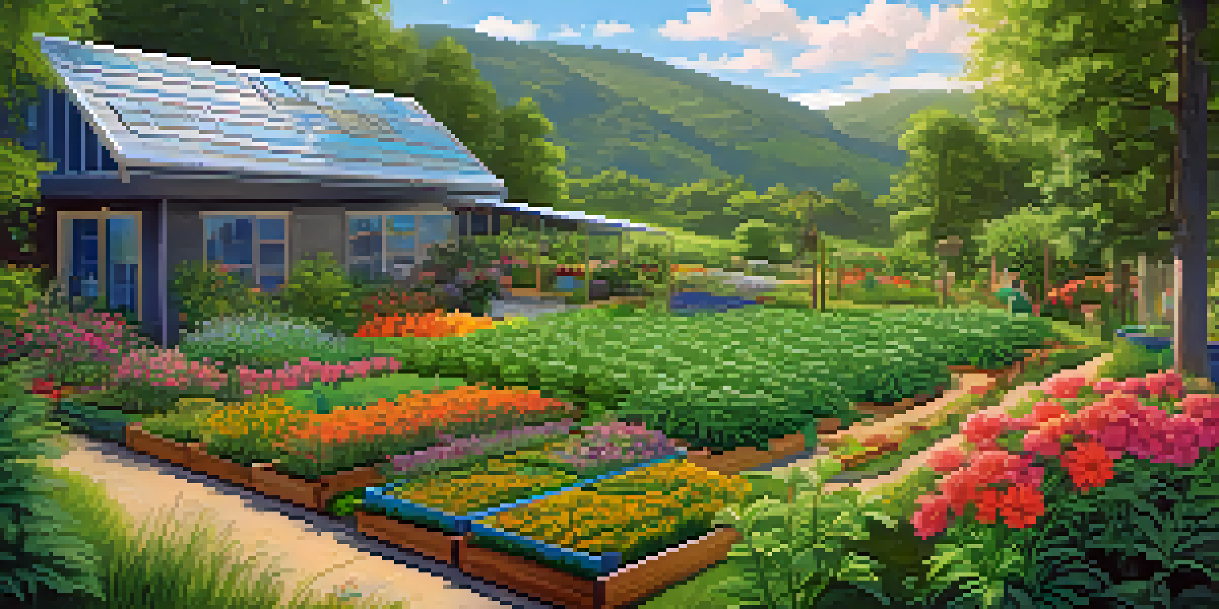 A marijuana farm exhibiting permaculture design, featuring various plants, a rain garden, and bright sunlight, creating a vibrant and healthy agricultural landscape.