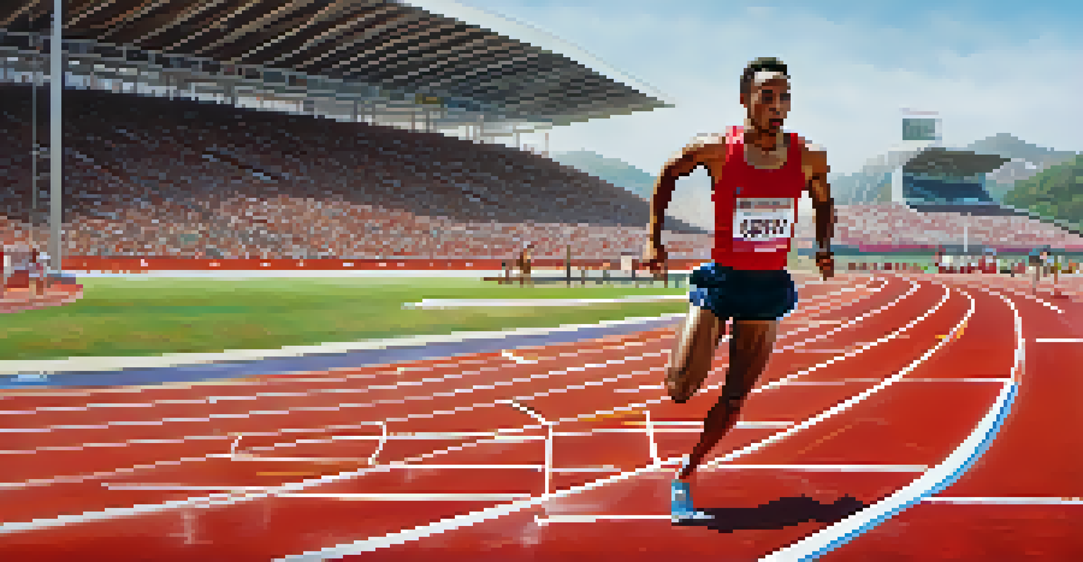 A focused runner sprinting on a track in a sports stadium filled with cheering fans.
