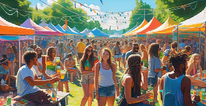 A group of young adults at a music festival enjoying cannabis-infused drinks and food in a lively outdoor setting.