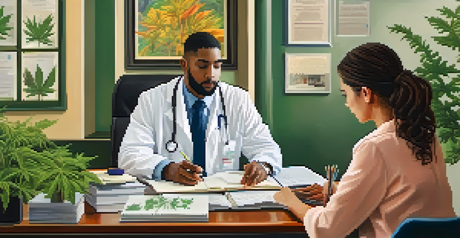 A healthcare provider in a professional setting, discussing medical marijuana with a diverse patient, surrounded by medical literature and plants.