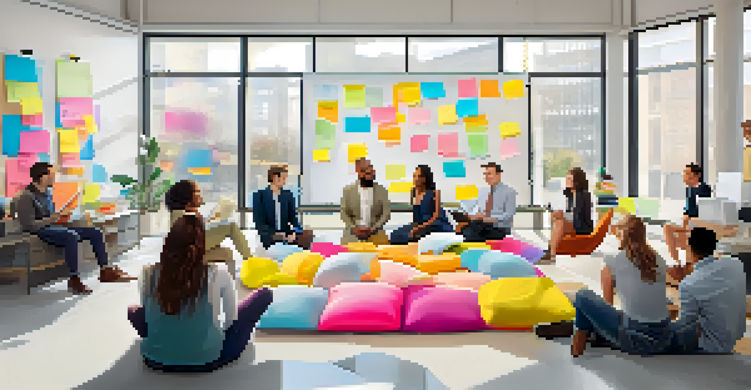 Professionals collaborating in a bright office during a brainstorming session with sticky notes on a whiteboard.