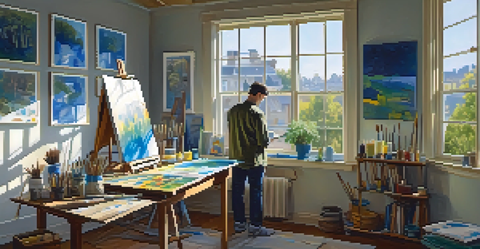 An artist in a bright studio, painting on a colorful canvas with natural light streaming in.
