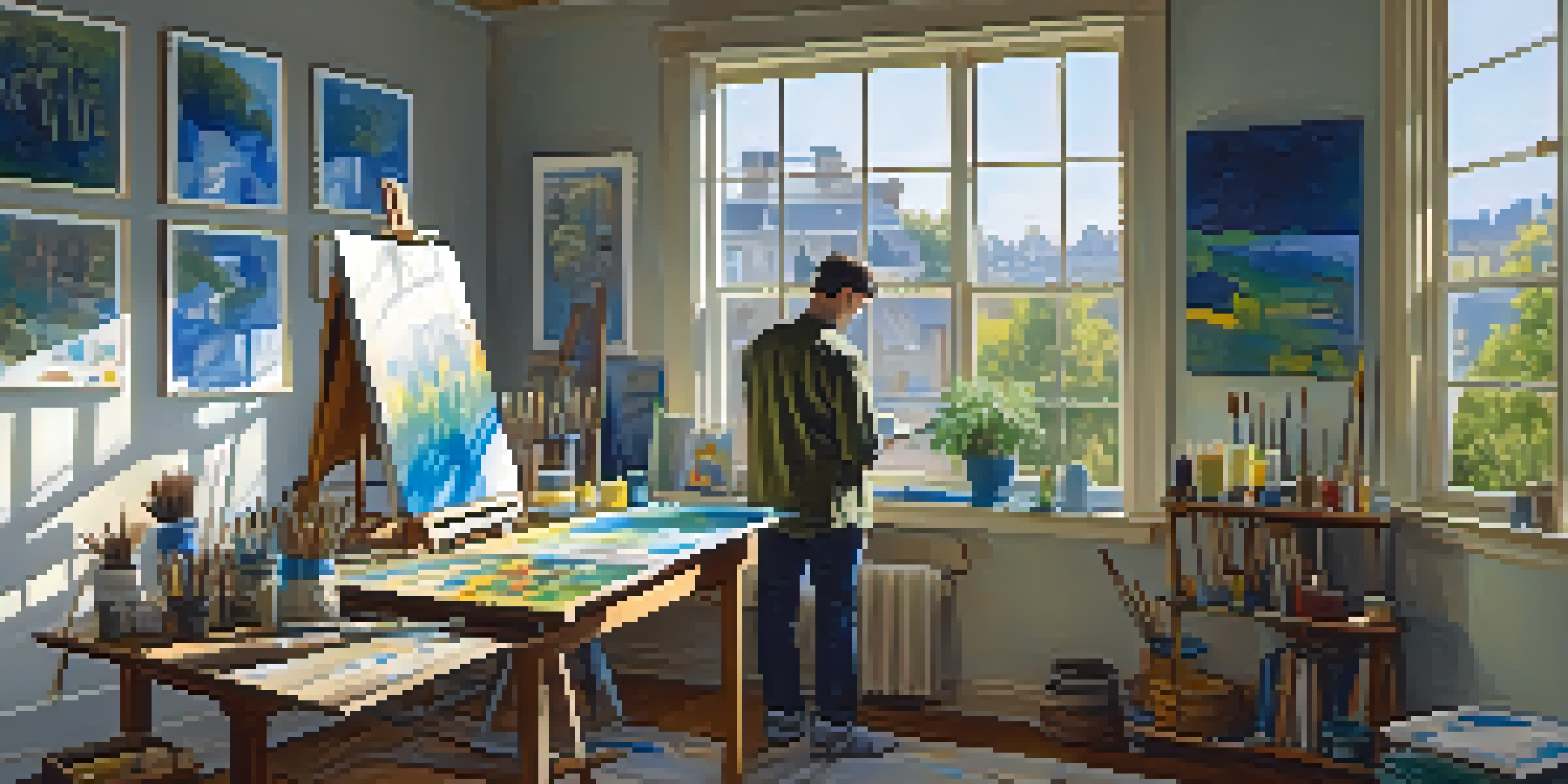 An artist in a bright studio, painting on a colorful canvas with natural light streaming in.