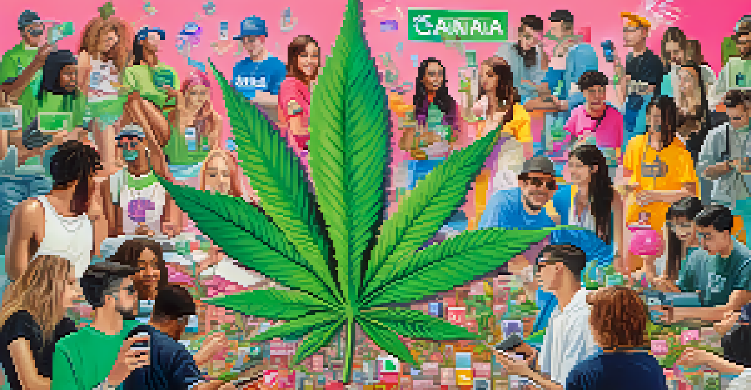 A colorful collage of social media icons and young adults representing cannabis culture and peer influence.
