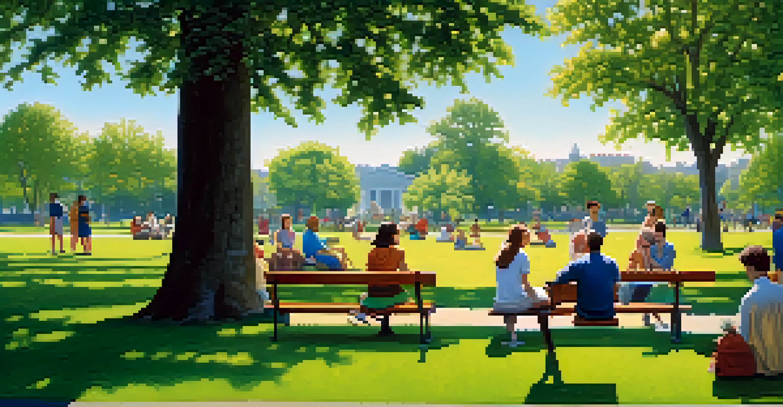 A vibrant park scene with people interacting and enjoying themselves, surrounded by colorful flowers and lush trees under a clear blue sky.