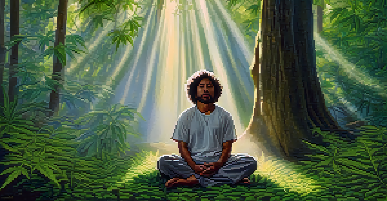 An Indigenous person meditating in a forest surrounded by cannabis plants, with sunlight filtering through the trees.