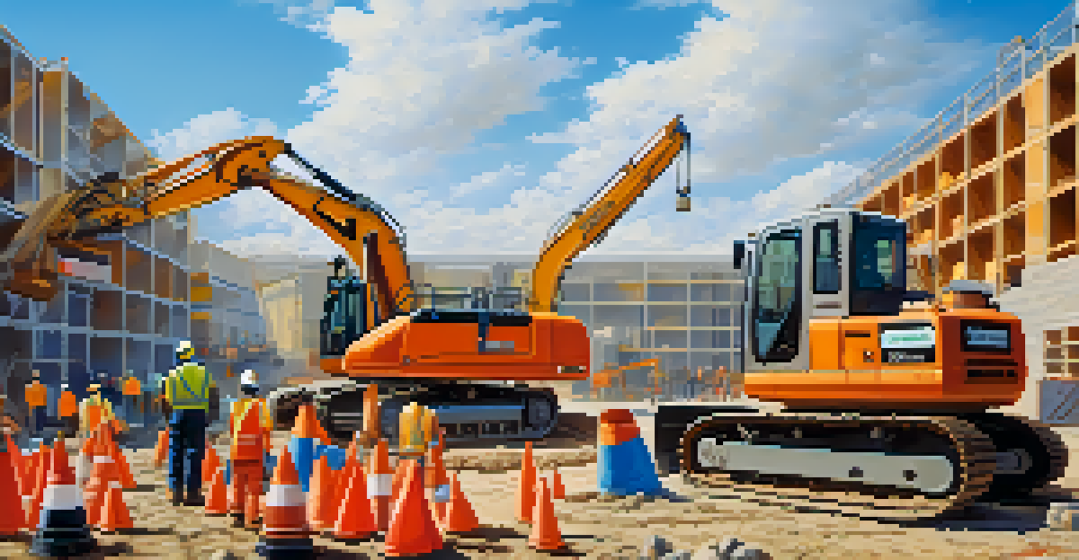 Construction workers at an outdoor site, discussing safety protocols and inspecting equipment, with a focus on safety measures.