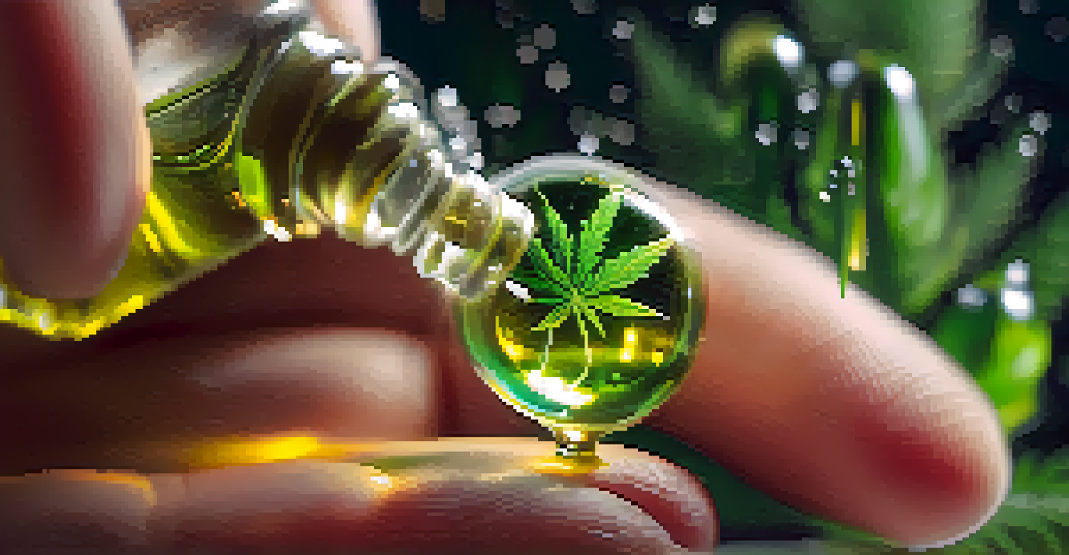 A hand holding a cannabis oil dropper with droplets glistening, set against a blurred cannabis plant background.