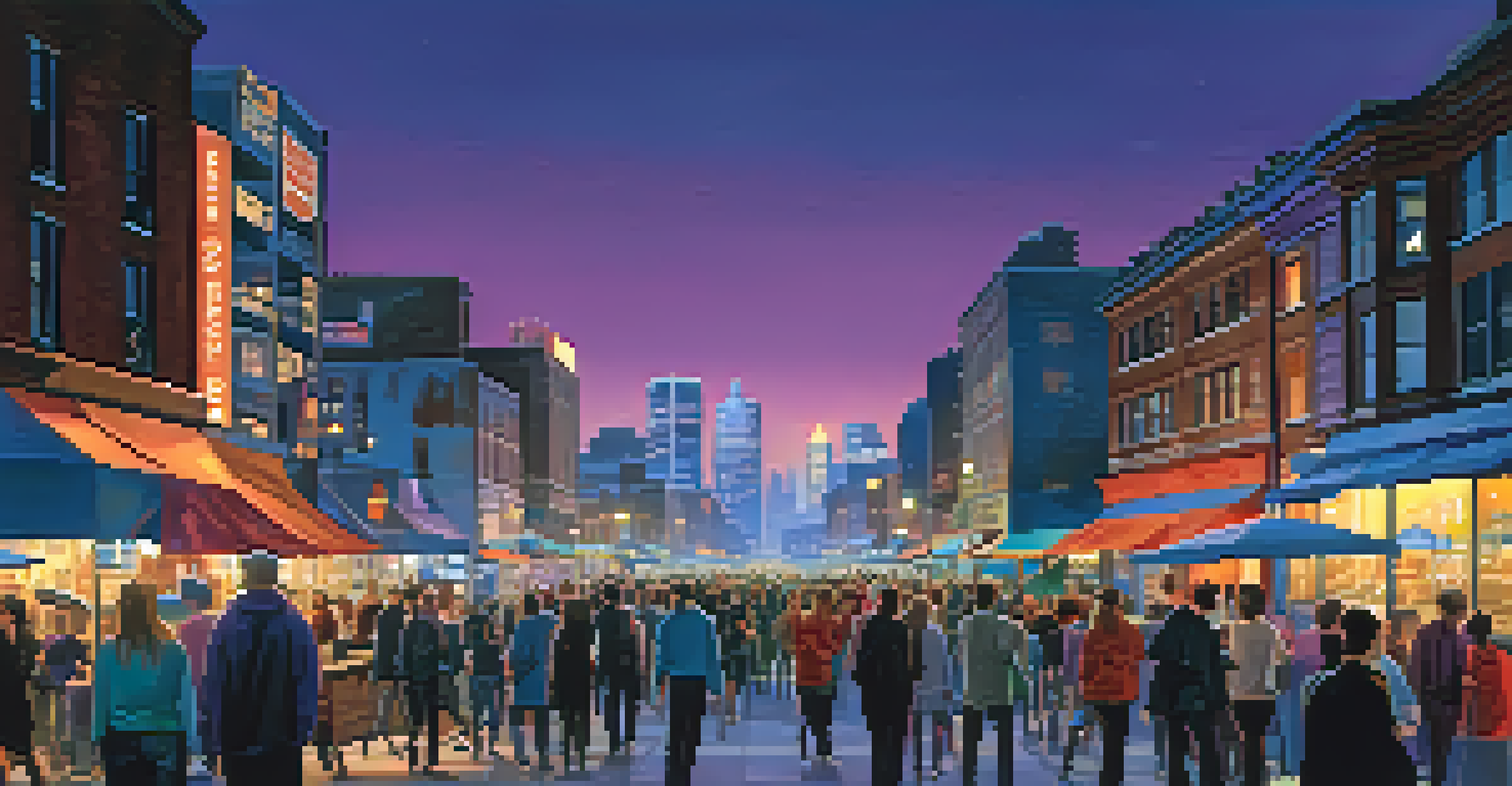 A city skyline at dusk with illuminated buildings and people walking on a busy street.