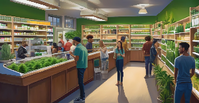 A busy cannabis dispensary with shelves of products and diverse customers engaging with staff in a warm, inviting environment.