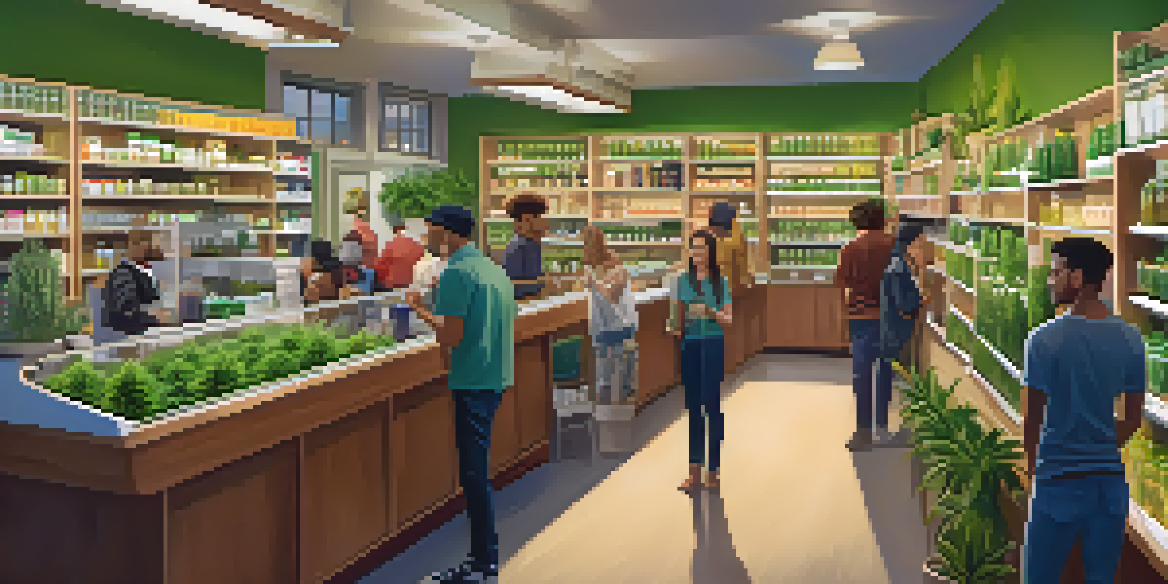 A busy cannabis dispensary with shelves of products and diverse customers engaging with staff in a warm, inviting environment.
