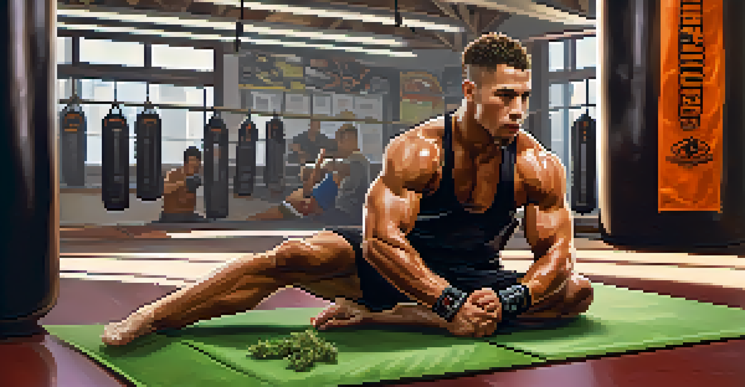 A mixed martial arts fighter preparing a cannabis joint in a training gym.