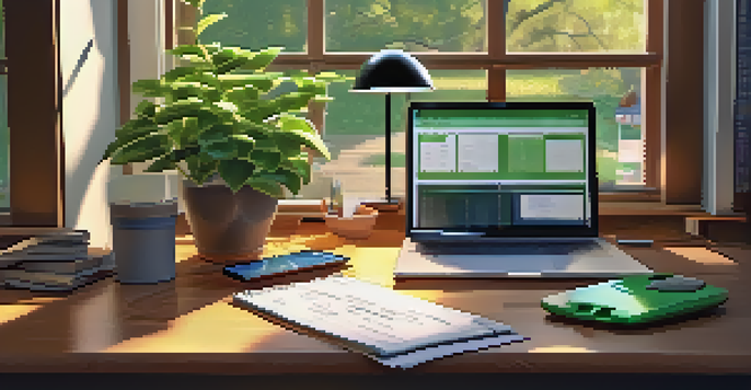 A home office with a computer desk filled with budgeting tools, warm light coming through the window, and a green plant.
