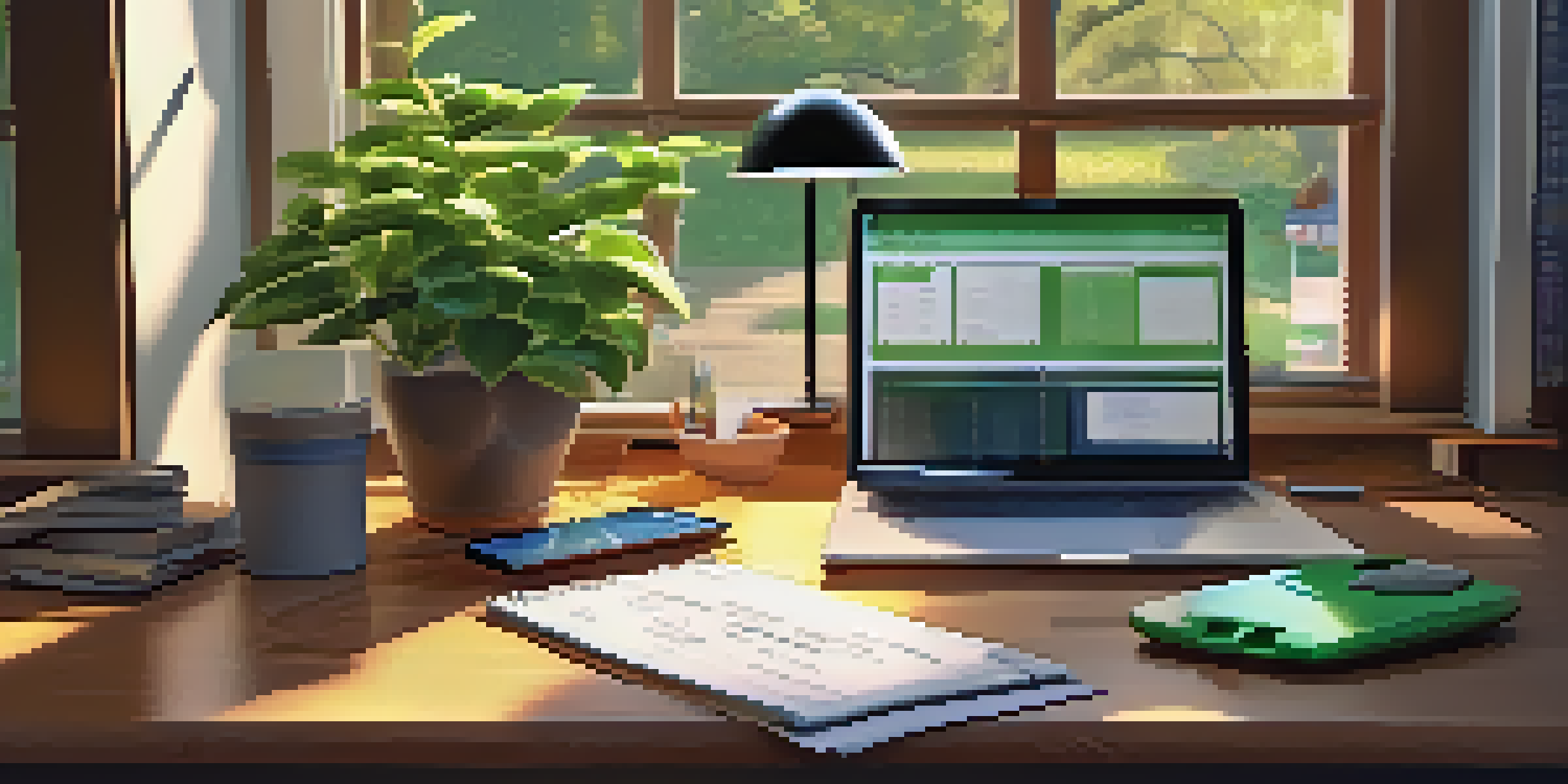 A home office with a computer desk filled with budgeting tools, warm light coming through the window, and a green plant.