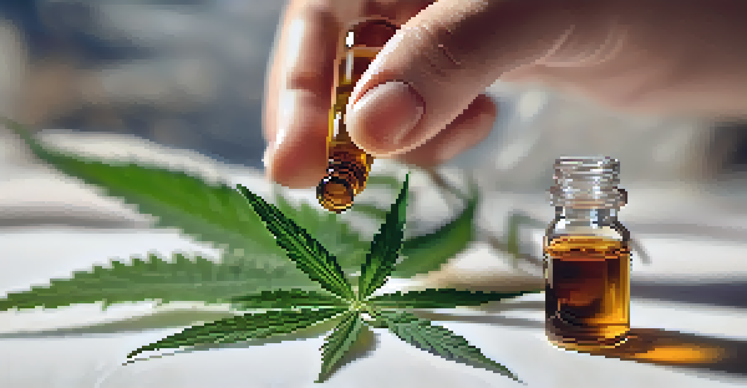 A hand holding a glass vial with a cannabis oil dropper, set against a blurred background of leaves and flowers, with warm lighting.