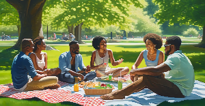 A diverse group of individuals enjoying a picnic in a sunny park, surrounded by greenery and flowers.