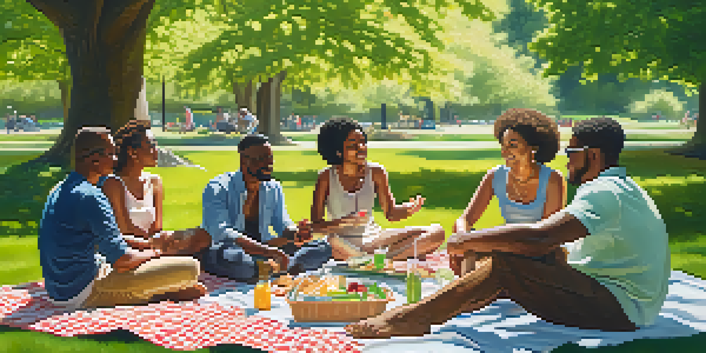 A diverse group of individuals enjoying a picnic in a sunny park, surrounded by greenery and flowers.