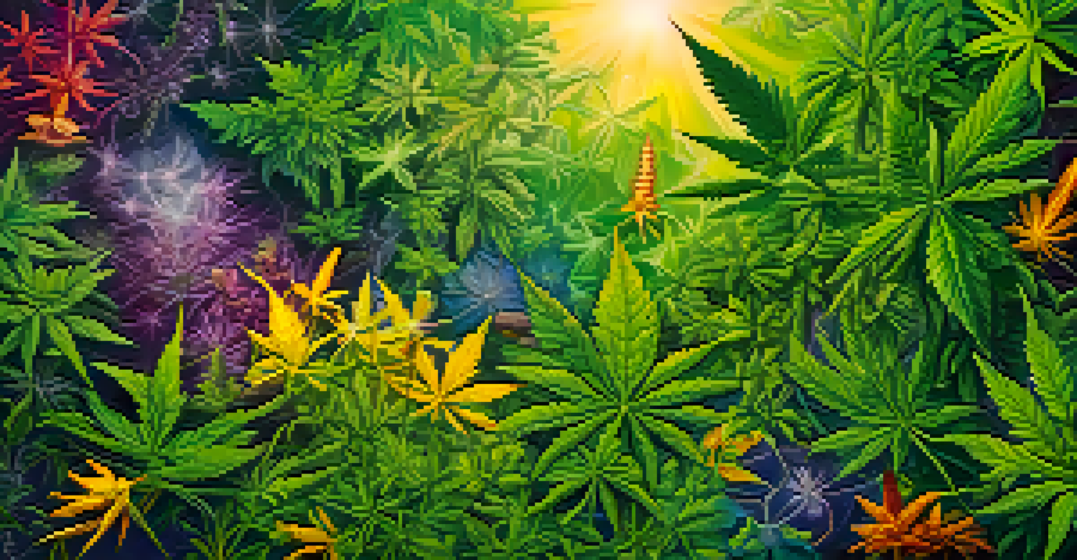 Colorful chemical structures of THC and CBD above green cannabis leaves, illustrating the diversity of cannabinoids.
