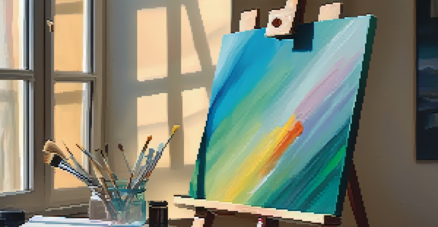 A close-up of a hand holding a paintbrush with vibrant colors on a palette, and a blurred easel in the background.