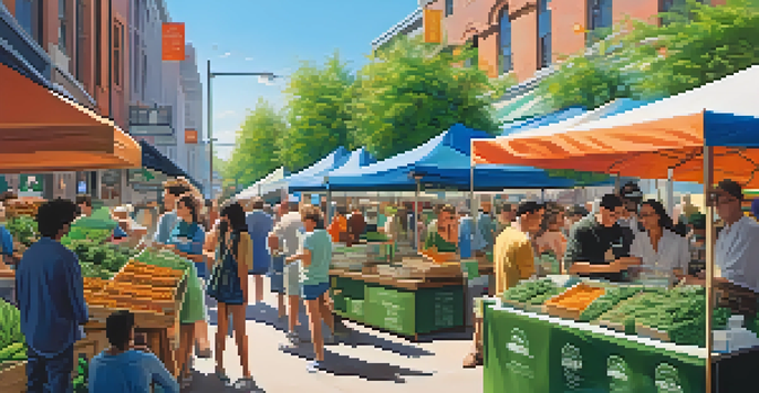 A lively market filled with cannabis products and colorful packaging, surrounded by greenery and clear skies.