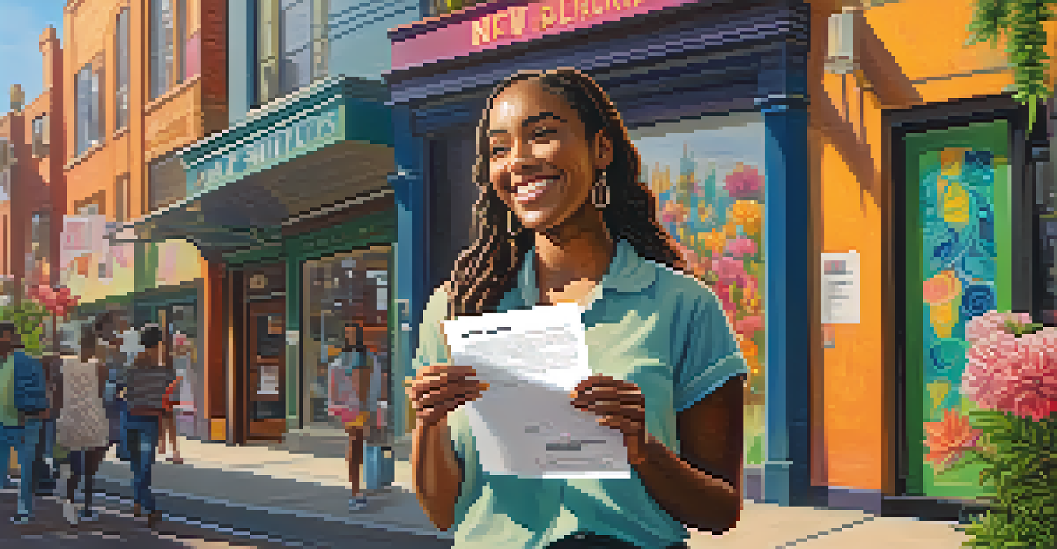 A young woman smiling while holding a job offer letter in an urban setting, representing hope after expunging her cannabis conviction.